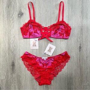 Savage X Fenty Red & Fuchsia Lace Push-Up Bra and Bikini Set